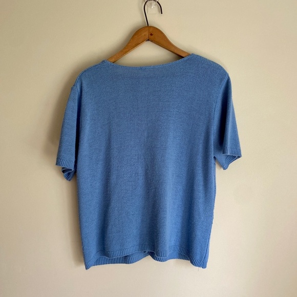 Vintage Blue Short Sleeve Knit V Neck Sweater Cardigan - Picture 2 of 3